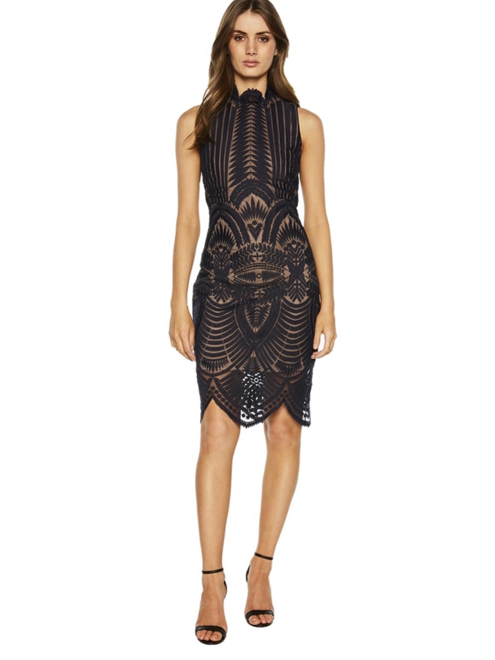 Anthropologie Bardot Geometric Lace Halter Midi Dress 4 Black Cocktail Wedding